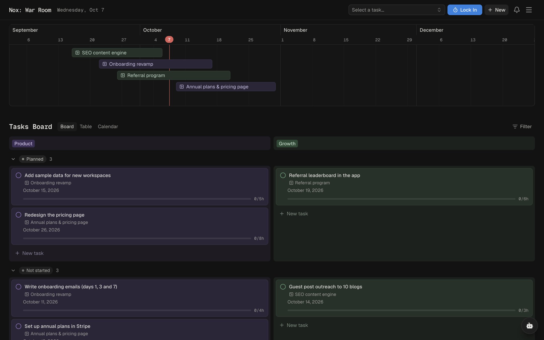 Nox projects and a task board grouped by status